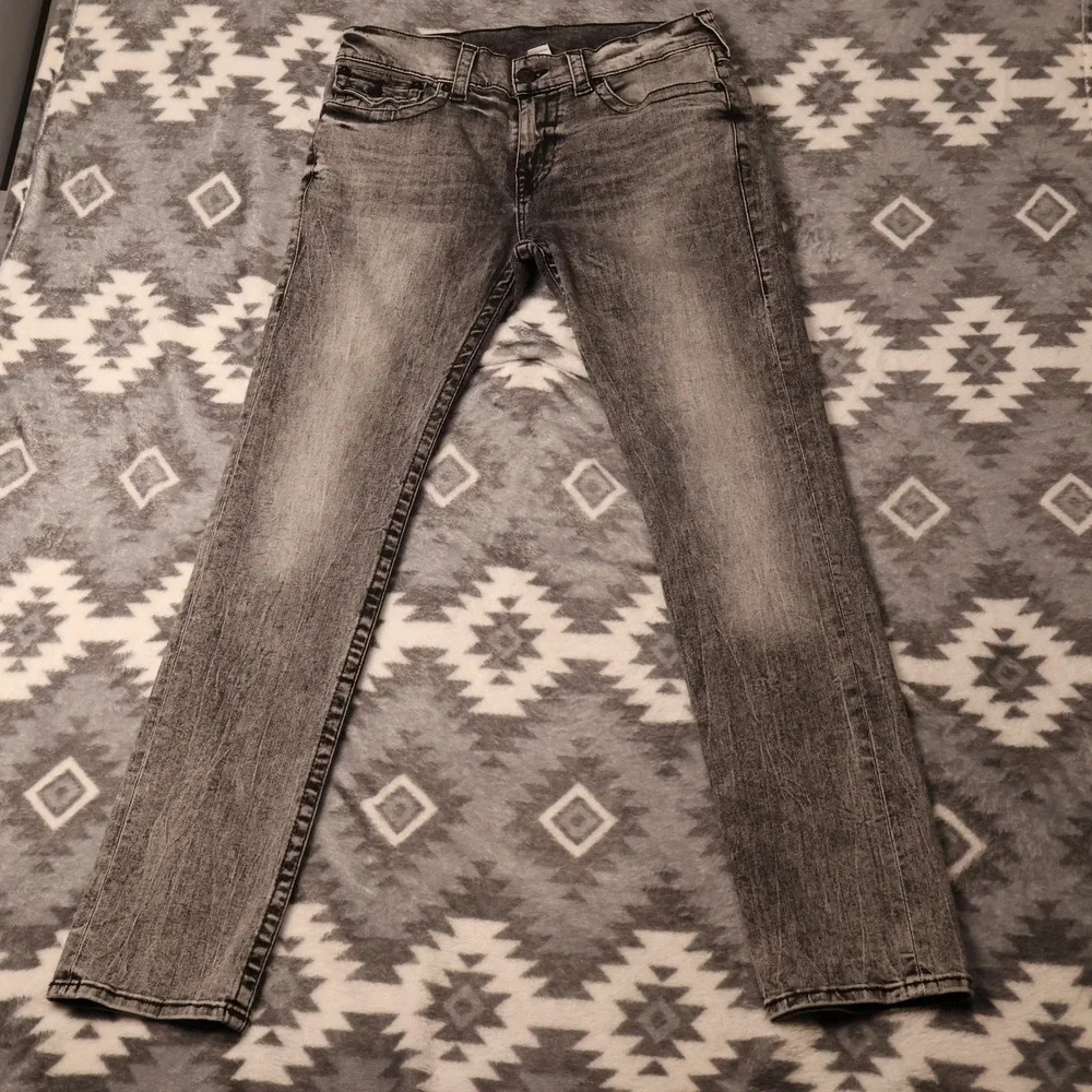 True Religion Geno Slim Straight Jeans Gray Acid Wash Denim 31x32